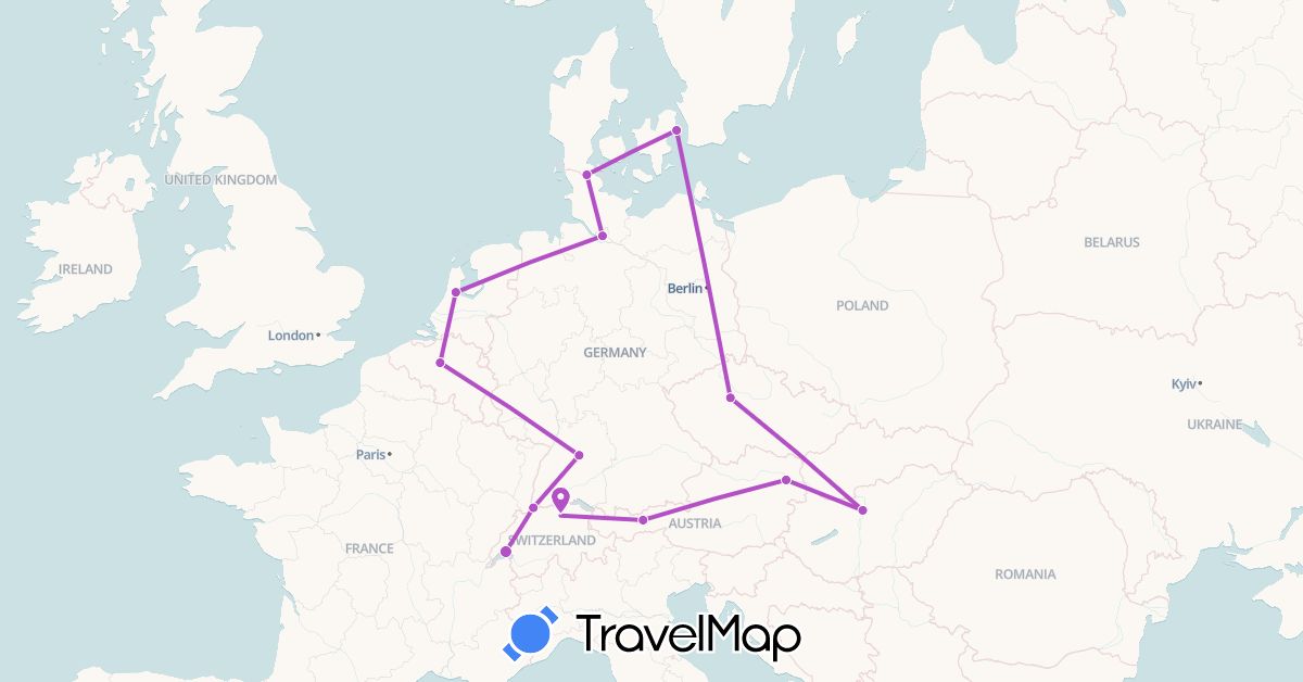 TravelMap itinerary: train in Austria, Belgium, Switzerland, Czech Republic, Germany, Denmark, Hungary, Netherlands (Europe)